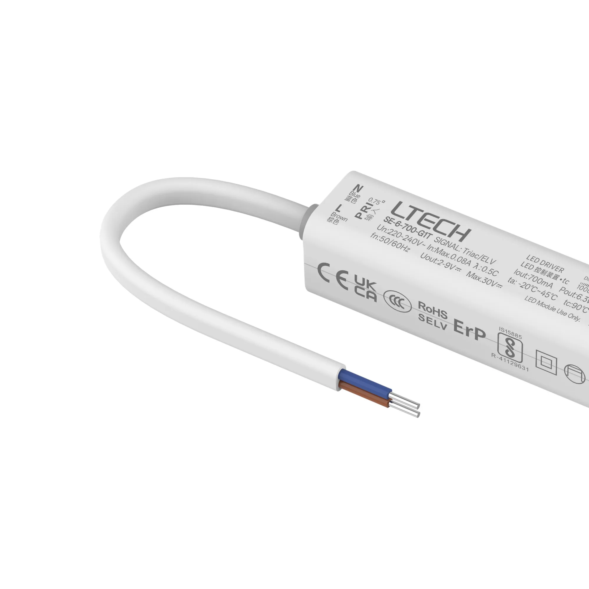 Triac/ELV, PWM,6W, C. Current Dimmable Driver, 700mA, DC:9-42Vdc, EFF>70%, IP20. SE-6-700-G1T  LTECH Triac Constant Current